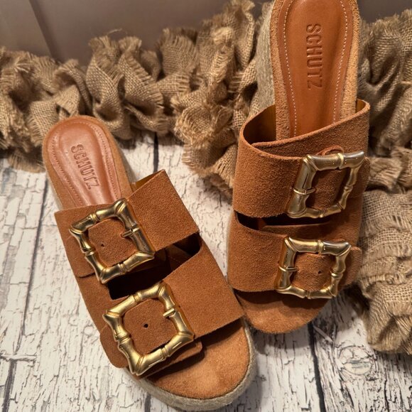 NWOT Womens Schutz Platform Slide Sandal Rust Gold buckle - Picture 2 of 5